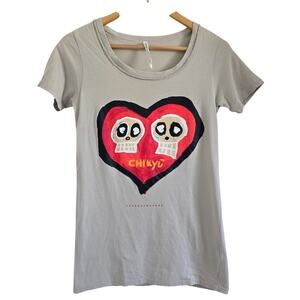 Sunao Kuwahara Chikyu Skull Womens T-shirt M Beige Emo Grunge Made in Japan